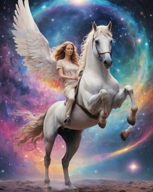 Astral Projectiion Author, Marilynn Hughes, Riding her White Winged Horse, St. Harmony Crystal Fire.