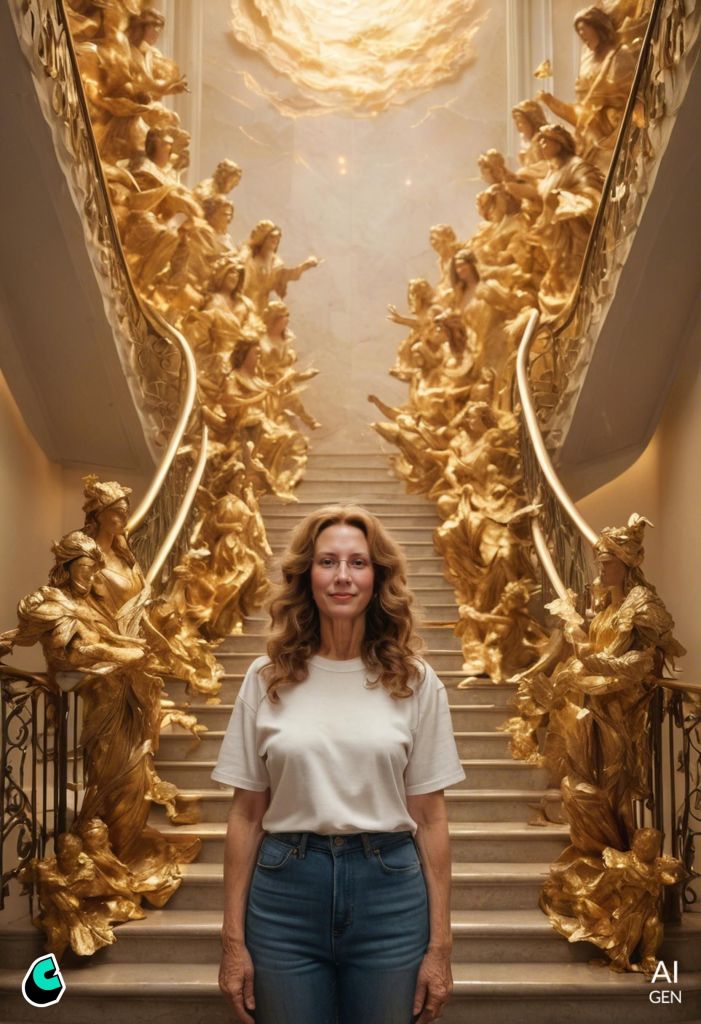 Astral Projection Author, Marilynn Hughes, Standing at the Foot of the Marble Staircase to Heaven Surrounded by Golden Angels on Each Side.