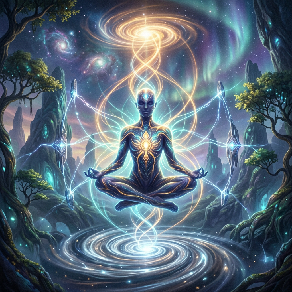 Meditating luminous humanoid surrounded by energy ribbons in a cosmic forest