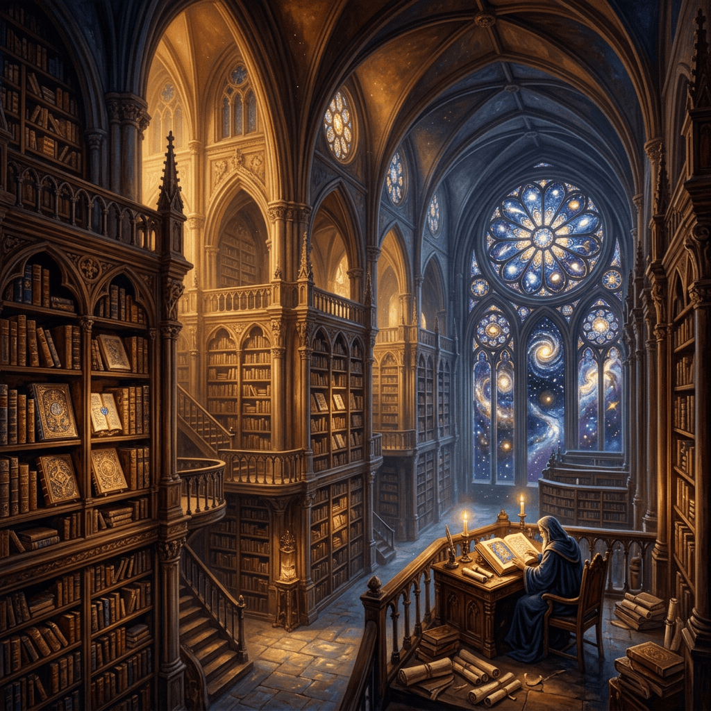 Scholar reading an illuminated manuscript in a Gothic library with cosmic stained-glass windows