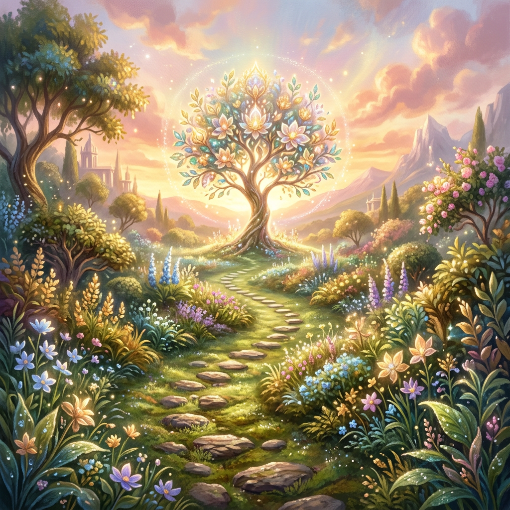 Glowing flowering tree in a colorful garden with a winding stone path