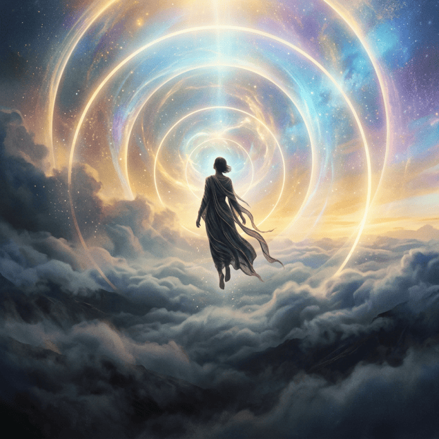 Cloaked figure floating above clouds beneath concentric glowing celestial rings