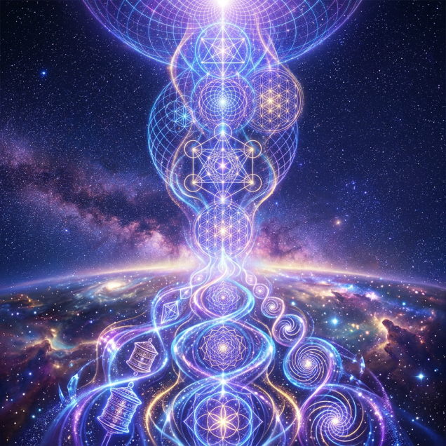 Luminous sacred geometry and spirals rising above a colorful galactic horizon