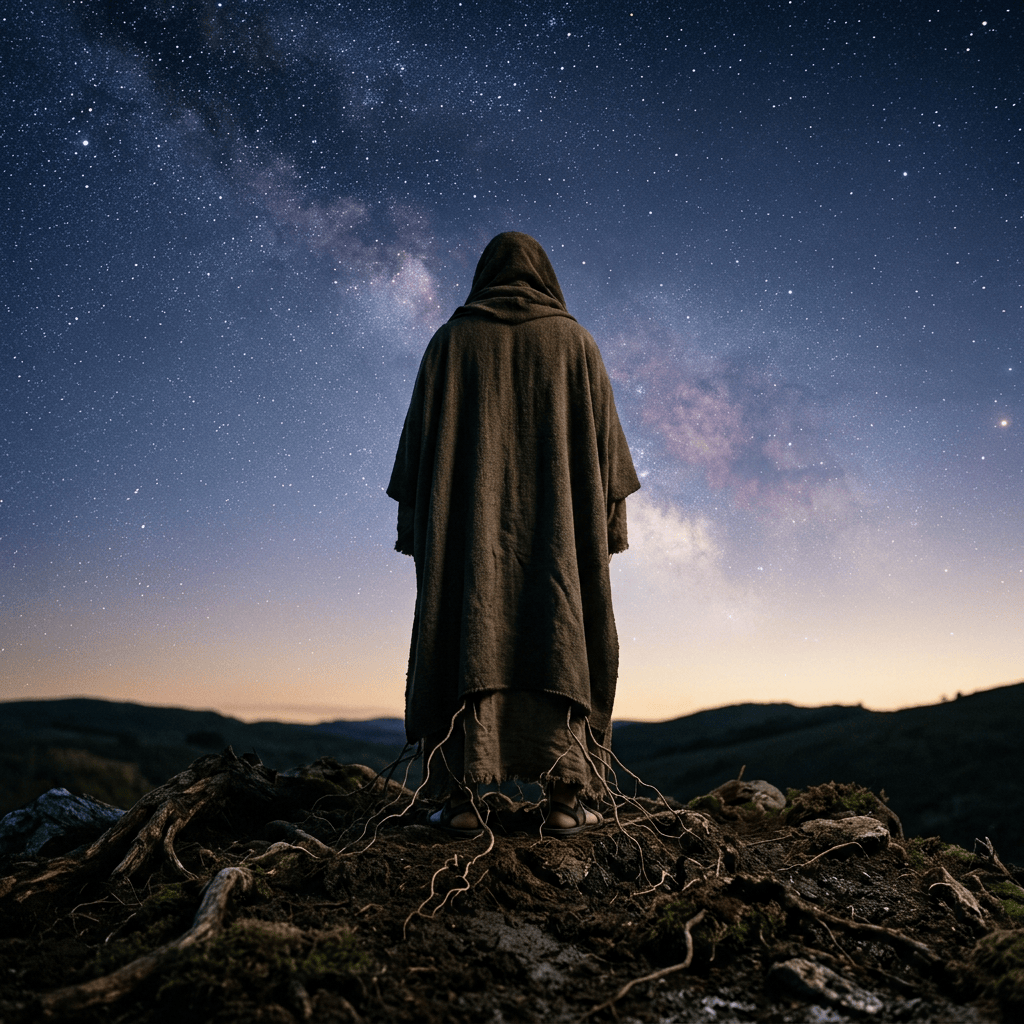 Hooded figure standing on rocky ground beneath the Milky Way